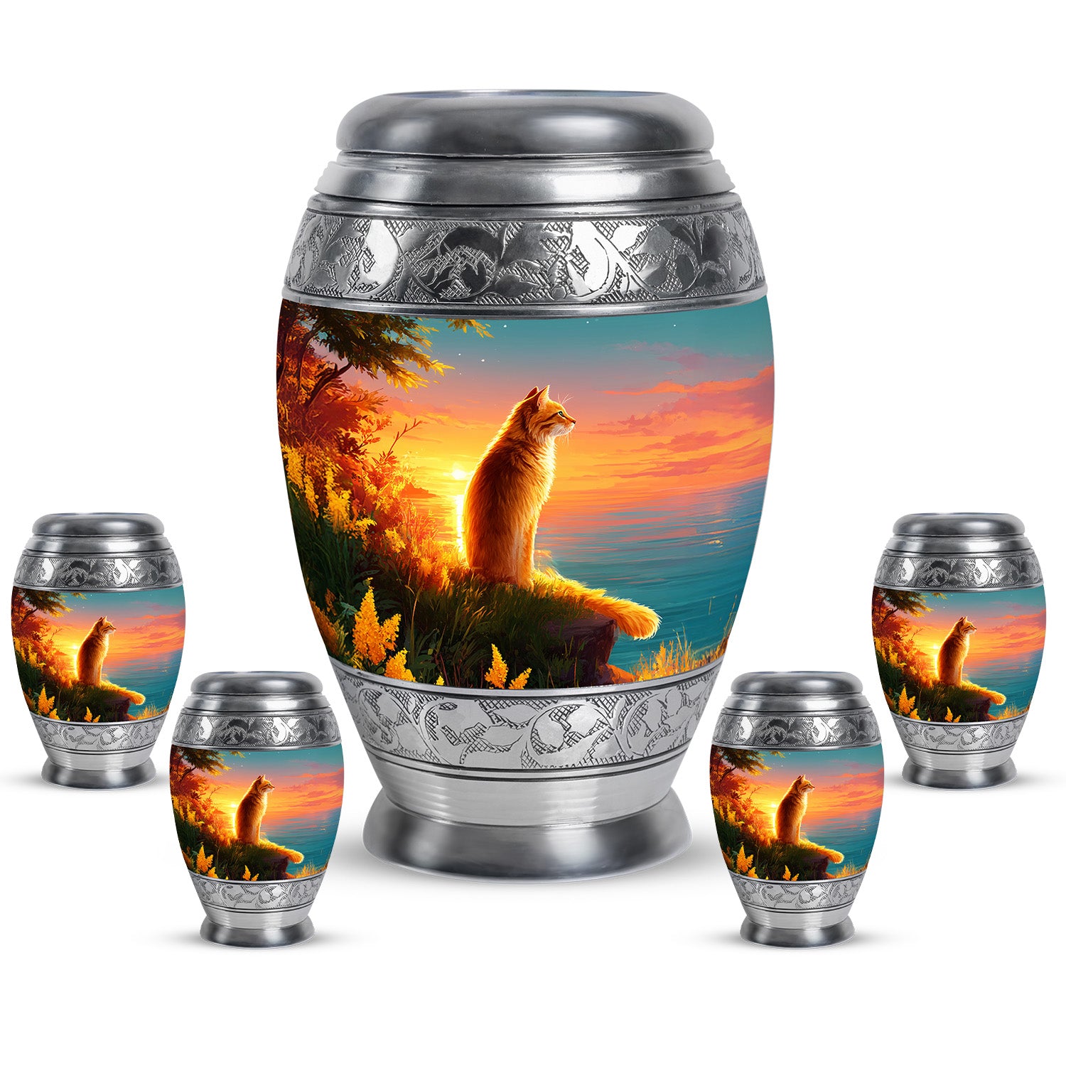 Mystic Teal Cat Cremation Urn detail view - royal cat engraving with decorative scrollwork - memorial set with one large and four small urns