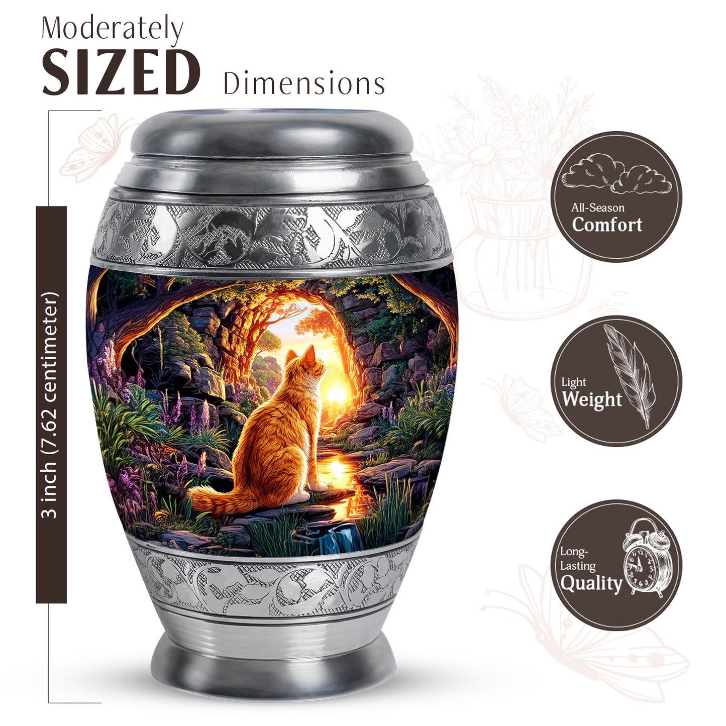 Plum Purple Cat Cremation Urn lifestyle display on memorial shelf - ornate monarch-style cat relief on brushed aluminum - mini keepsake memorial for portion of cremation ashes