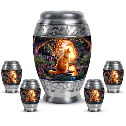 Majestic Purple Cat Cremation Urn detail view - regal cat design with crown-inspired accents - memorial set with one large and four small urns