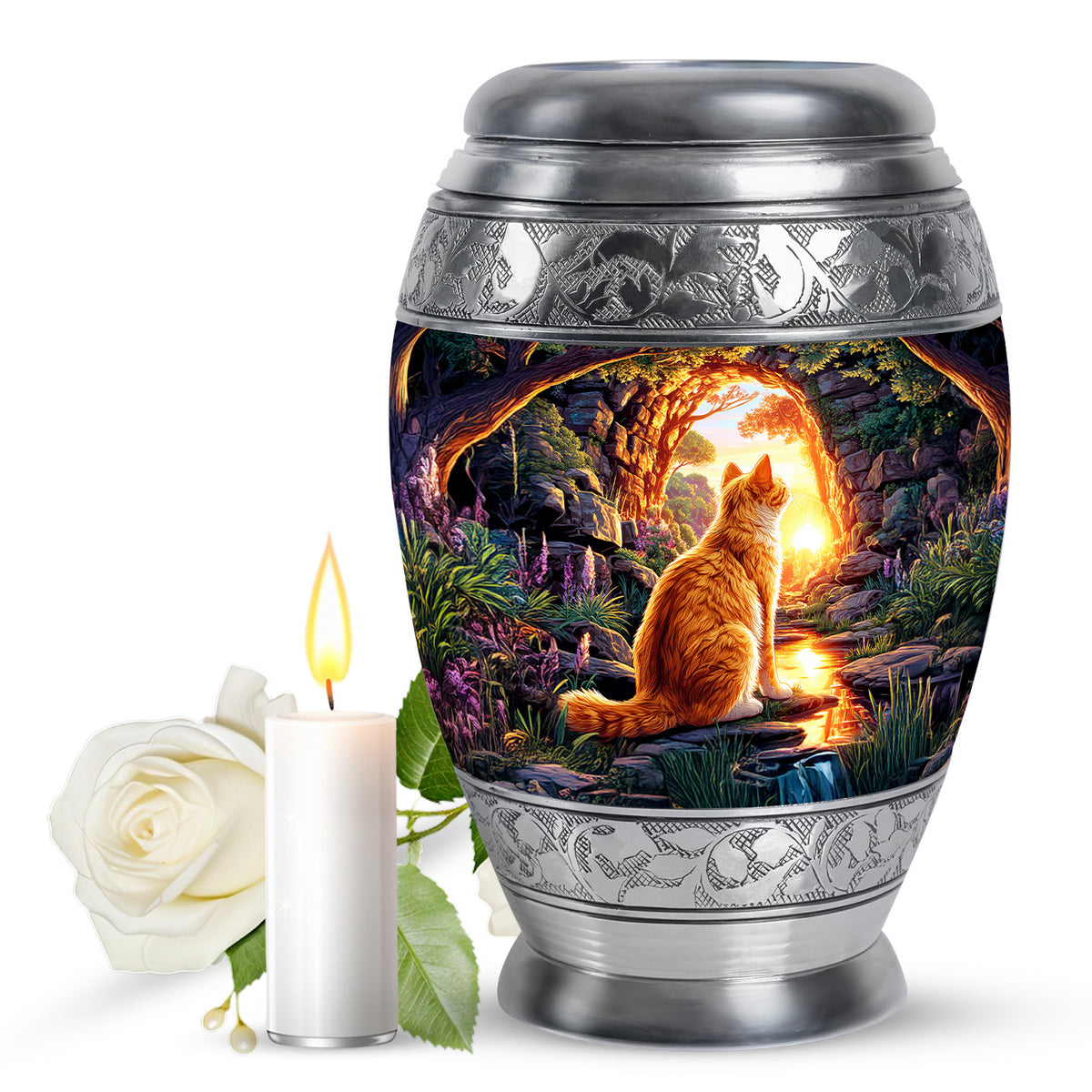 Majestic Purple Cat Cremation Urn back view with polished surface - ornate monarch-style cat relief on brushed aluminum - full-size 10 inch 200 cubic inch adult cremation urn