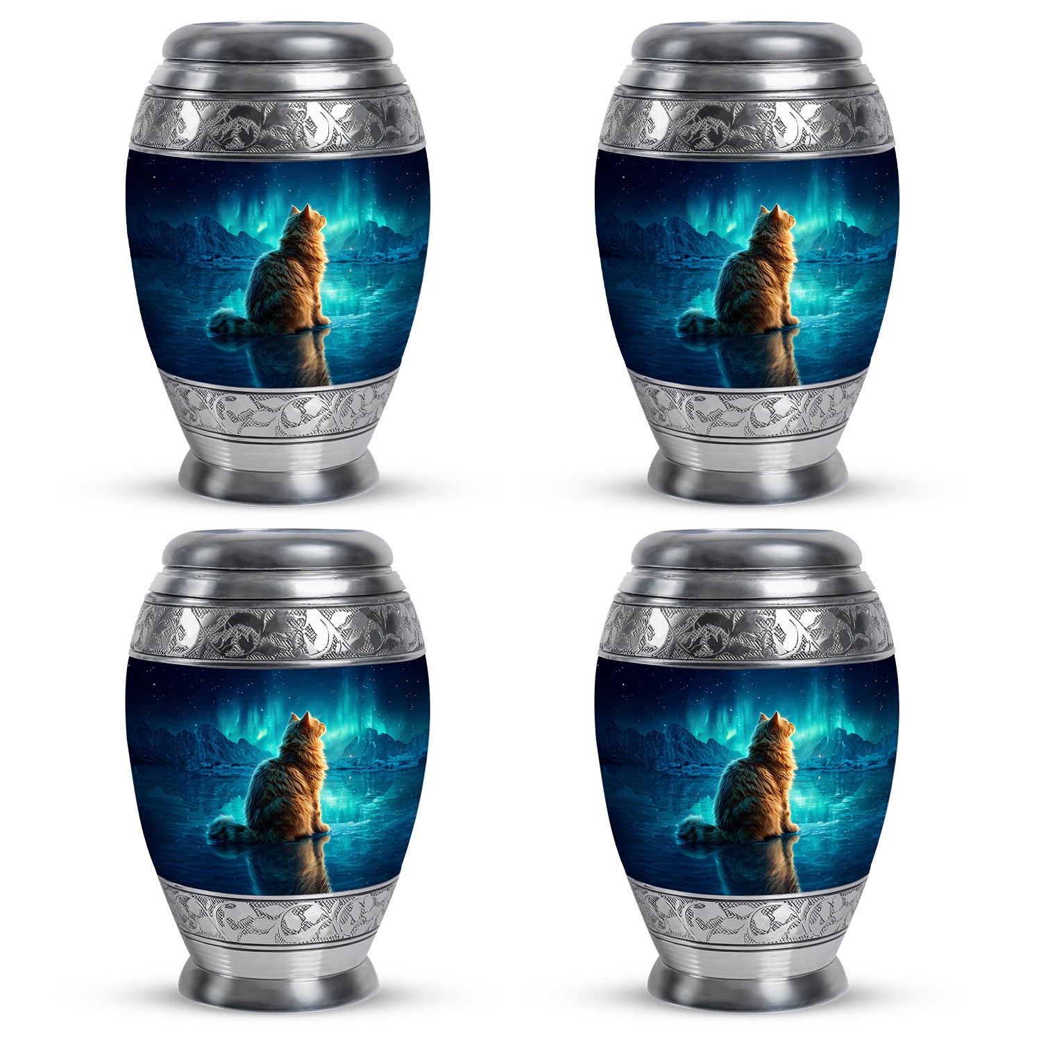 Slate Blue Cat Cremation Urn urn with complimentary velvet bag - ornate monarch-style cat relief on brushed aluminum - 10 inch aluminum urn for cremated remains