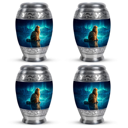 Slate Blue Cat Cremation Urn urn with complimentary velvet bag - ornate monarch-style cat relief on brushed aluminum - 10 inch aluminum urn for cremated remains