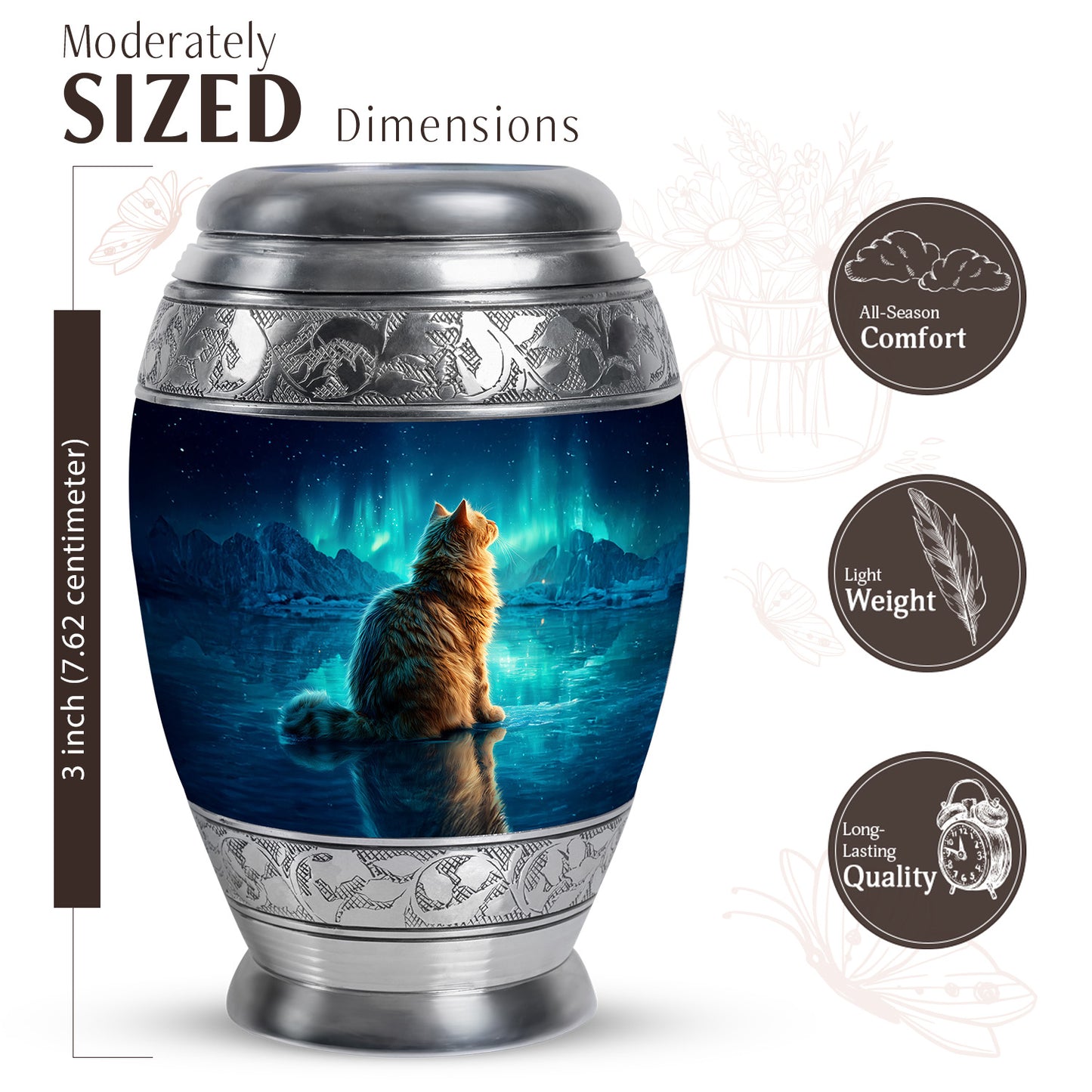 Sky Blue Cat Cremation Urn lifestyle display on memorial shelf - ornate monarch-style cat relief on brushed aluminum - mini keepsake memorial for portion of cremation ashes