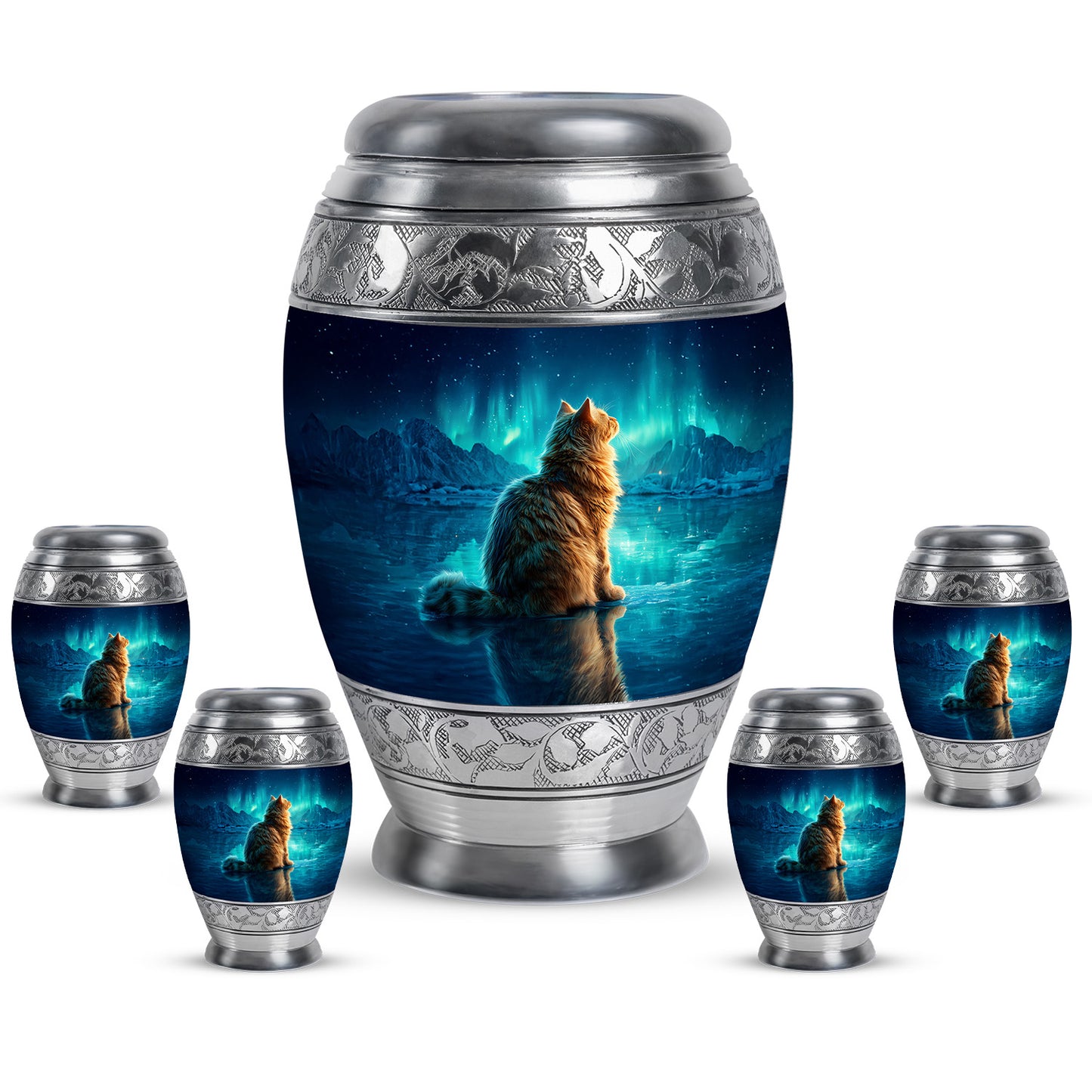 Dusty Blue Cat Cremation Urn detail view - regal cat design with crown-inspired accents - memorial set with one large and four small urns