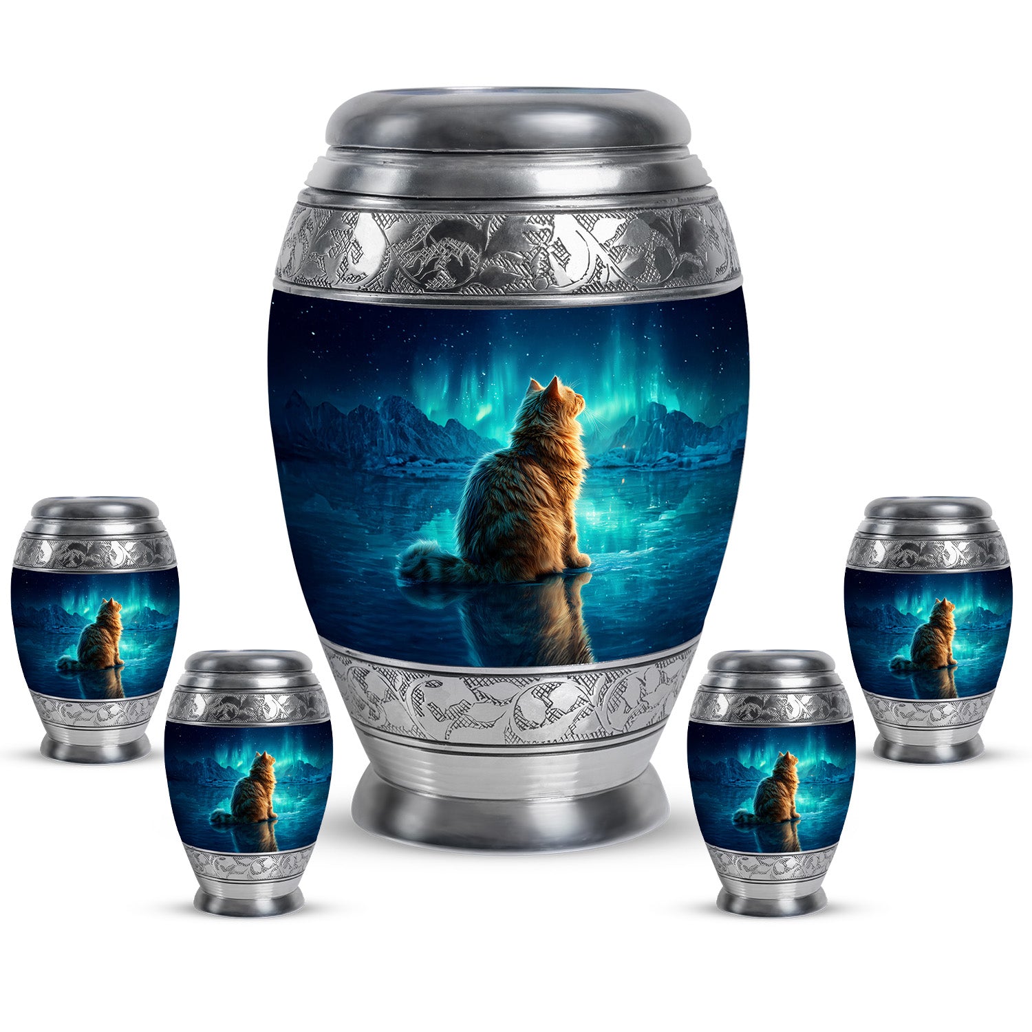 Dusty Blue Cat Cremation Urn detail view - regal cat design with crown-inspired accents - memorial set with one large and four small urns