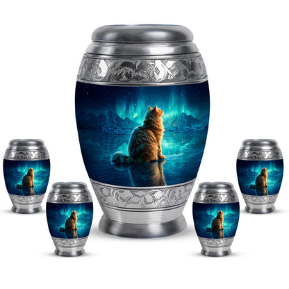 Dusty Blue Cat Cremation Urn detail view - regal cat design with crown-inspired accents - memorial set with one large and four small urns