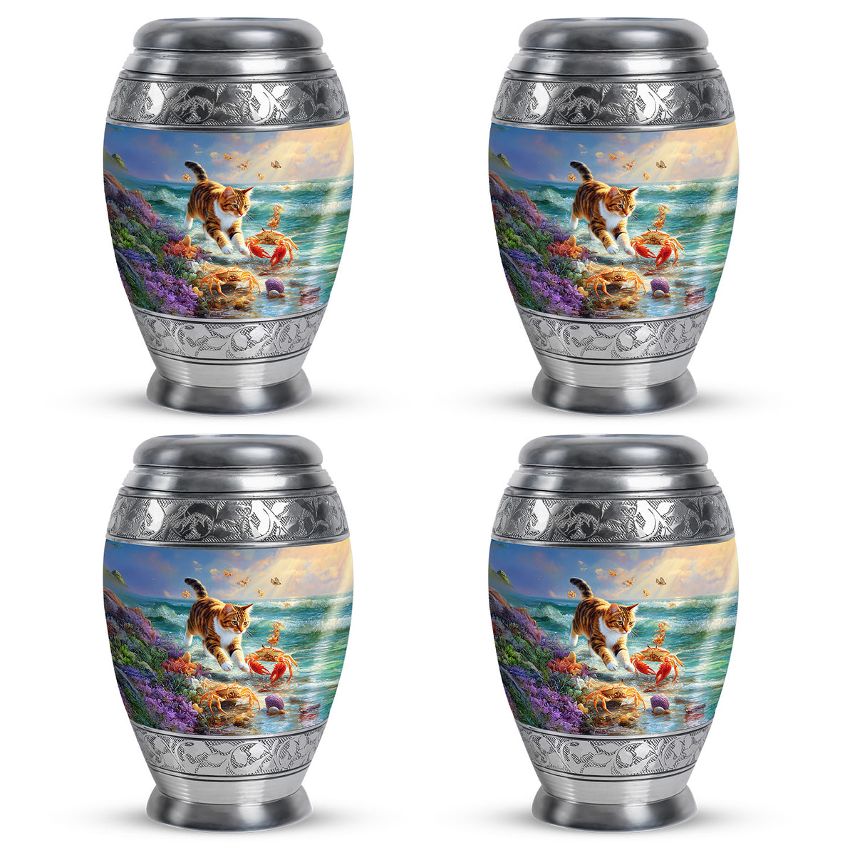 Twilight Blue Cat Cremation Urn urn with complimentary velvet bag - royal cat engraving with decorative scrollwork - 10 inch aluminum urn for cremated remains