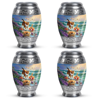 Twilight Blue Cat Cremation Urn urn with complimentary velvet bag - royal cat engraving with decorative scrollwork - 10 inch aluminum urn for cremated remains