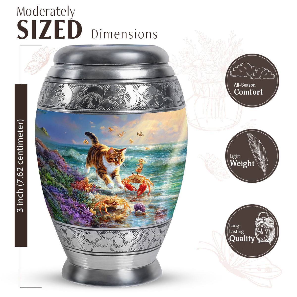 Twilight Blue Cat Cremation Urn lifestyle display on memorial shelf - royal cat engraving with decorative scrollwork - mini keepsake memorial for portion of cremation ashes
