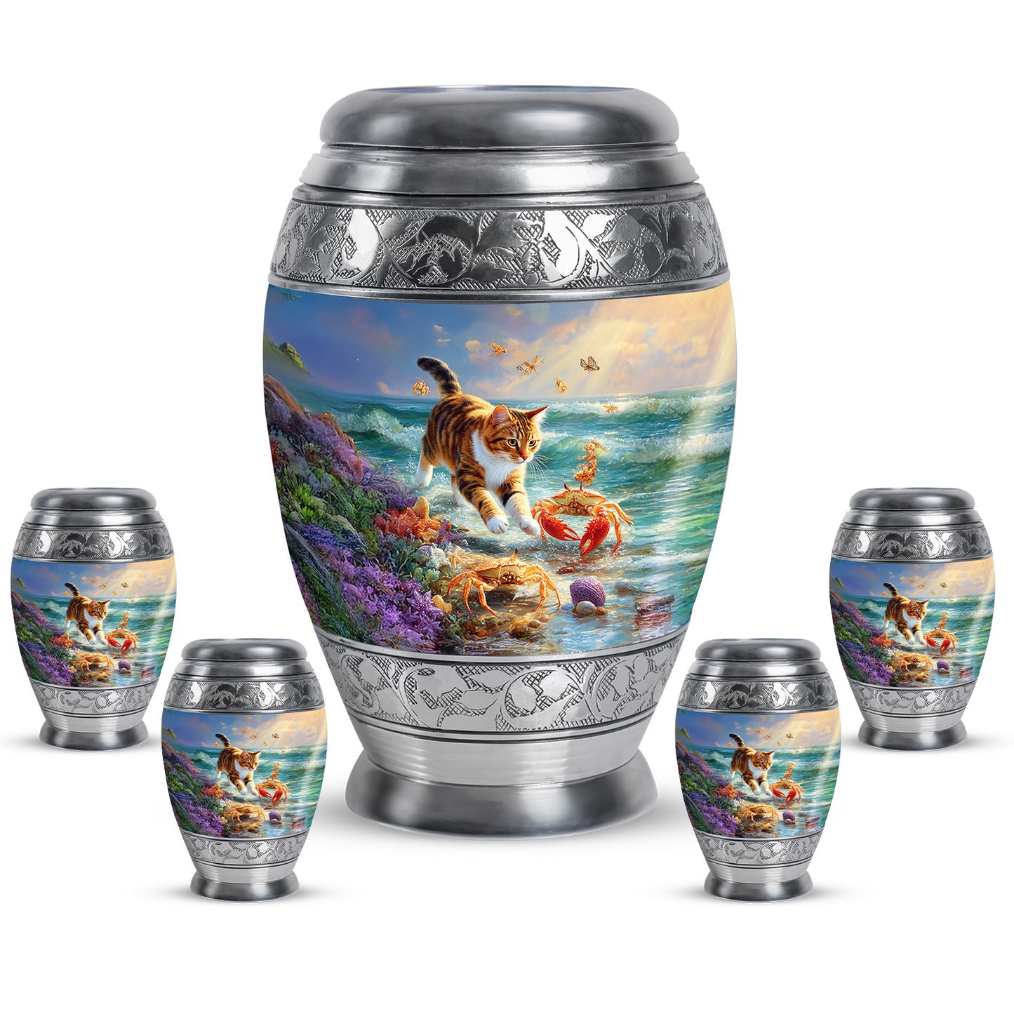Indigo Cat Cremation Urn detail view - regal cat design with crown-inspired accents - memorial set with one large and four small urns