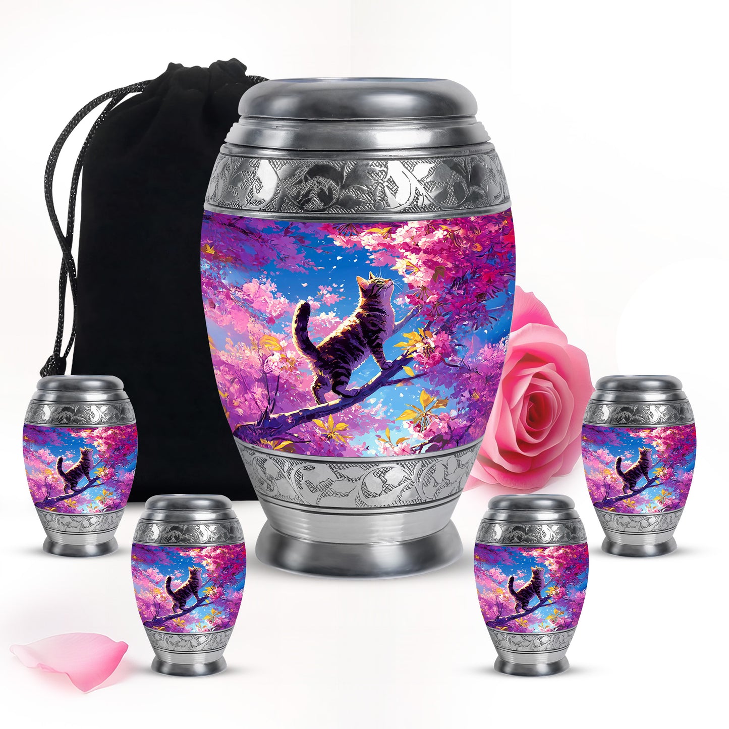 Royal Blue Cat Cremation Urn detail view - royal cat engraving with decorative scrollwork - memorial set with one large and four small urns