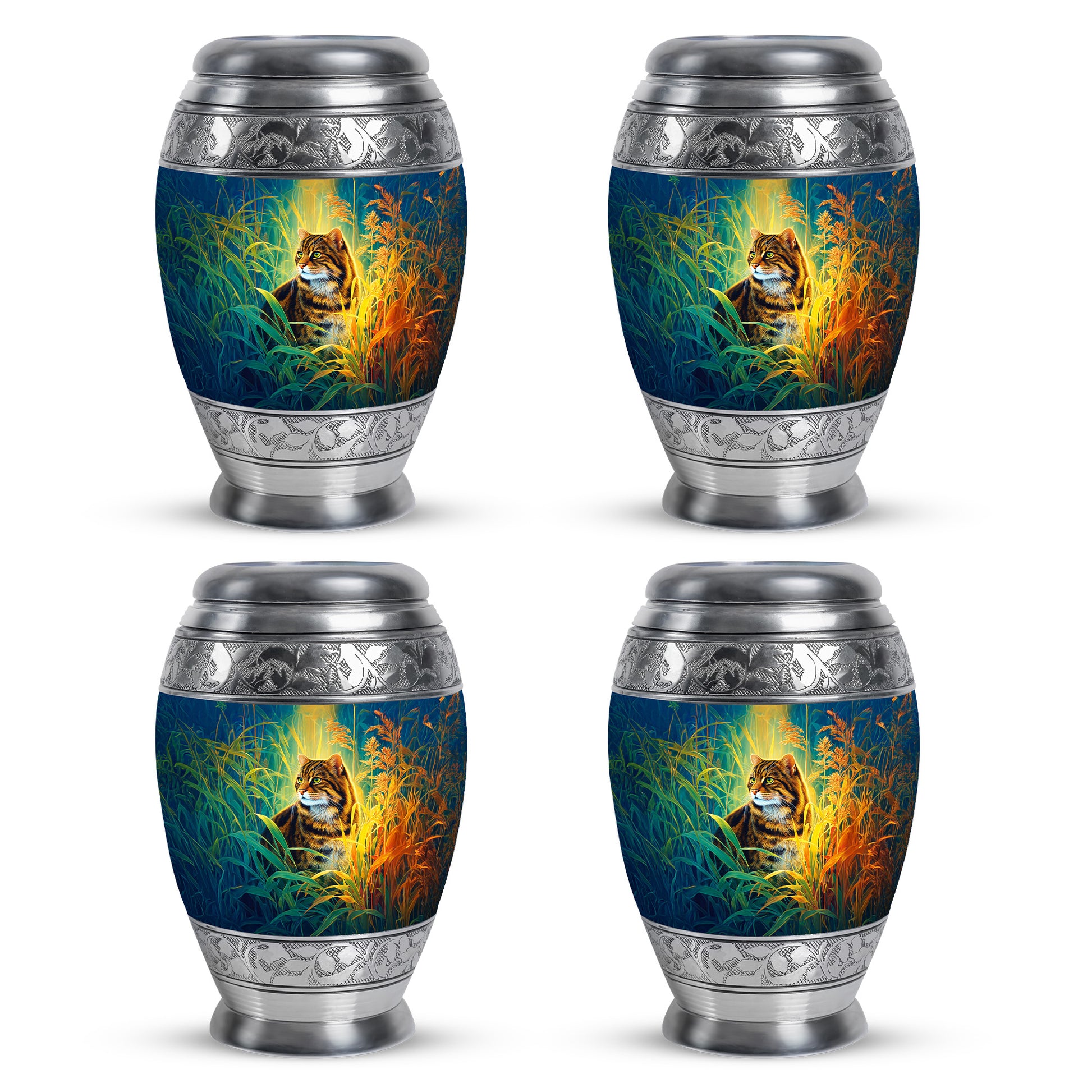 Cobalt Blue Cat Cremation Urn urn with complimentary velvet bag - majestic cat pattern with filigree border - 10 inch aluminum urn for cremated remains