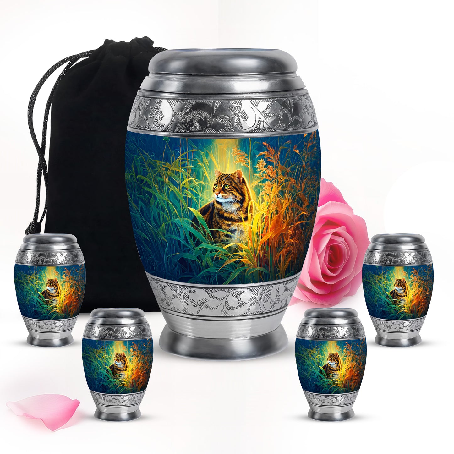 Celestial Blue Cat Cremation Urn detail view - regal cat design with crown-inspired accents - memorial set with one large and four small urns