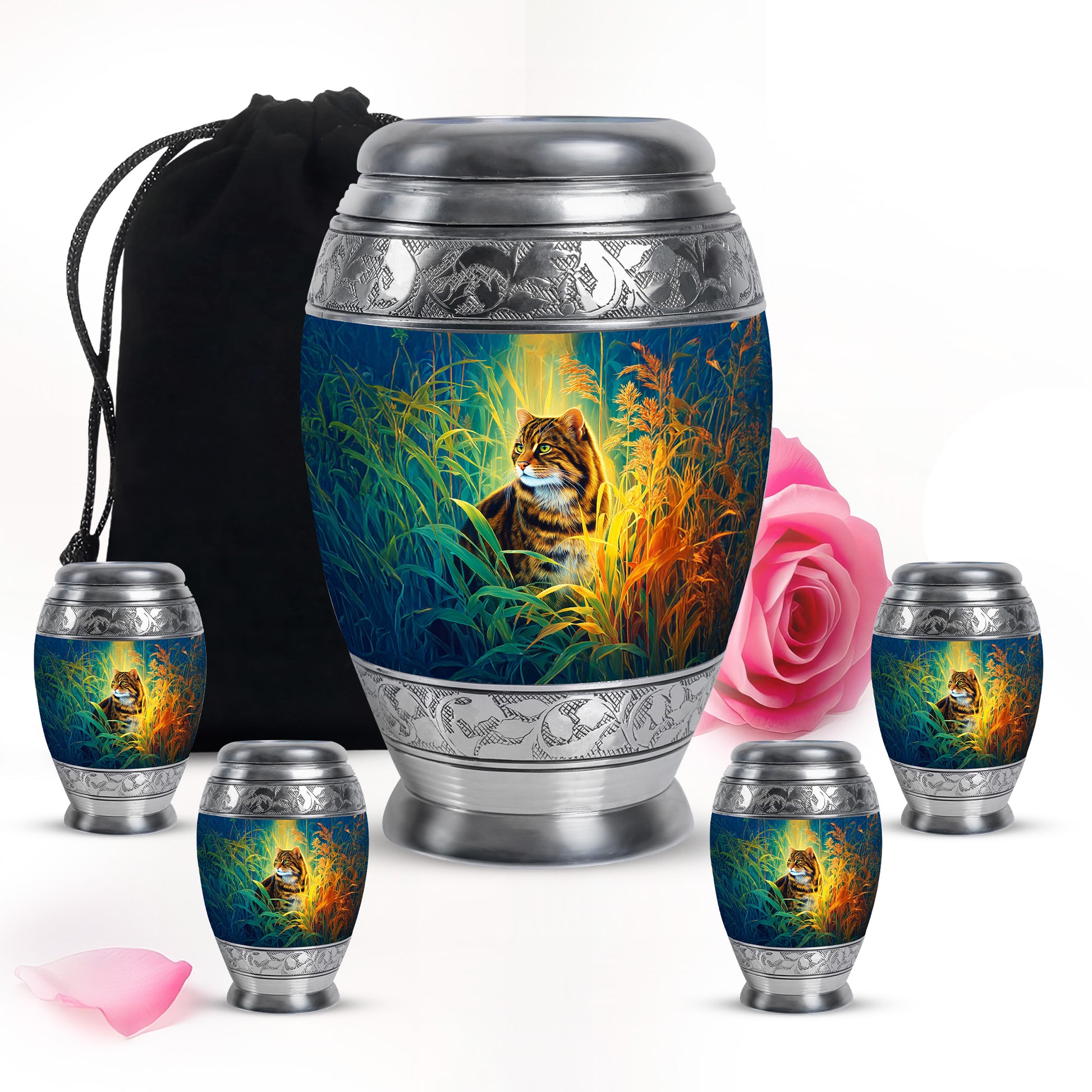 Celestial Blue Cat Cremation Urn detail view - regal cat design with crown-inspired accents - memorial set with one large and four small urns