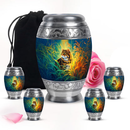 Celestial Blue Cat Cremation Urn detail view - regal cat design with crown-inspired accents - memorial set with one large and four small urns