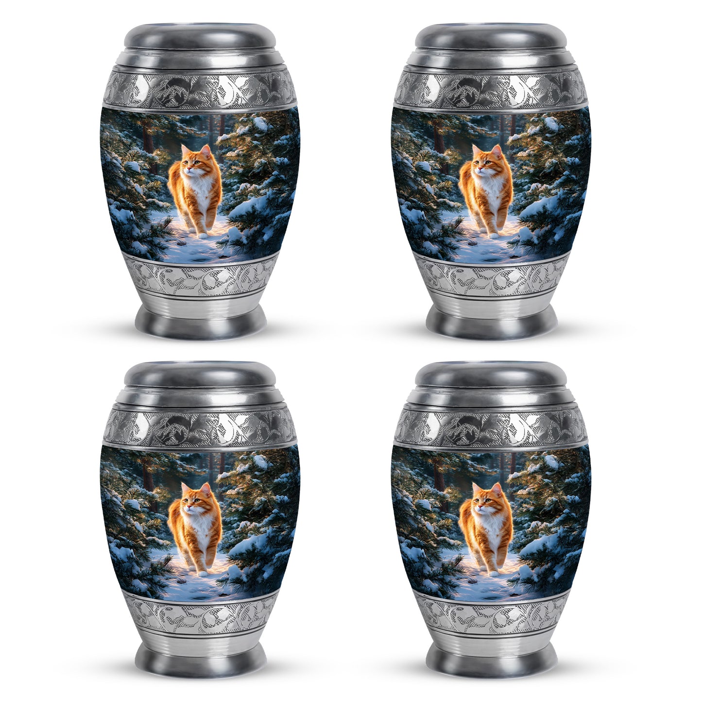 Misty Blue Cat Cremation Urn urn with complimentary velvet bag - ornate monarch-style cat relief on brushed aluminum - 10 inch aluminum urn for cremated remains