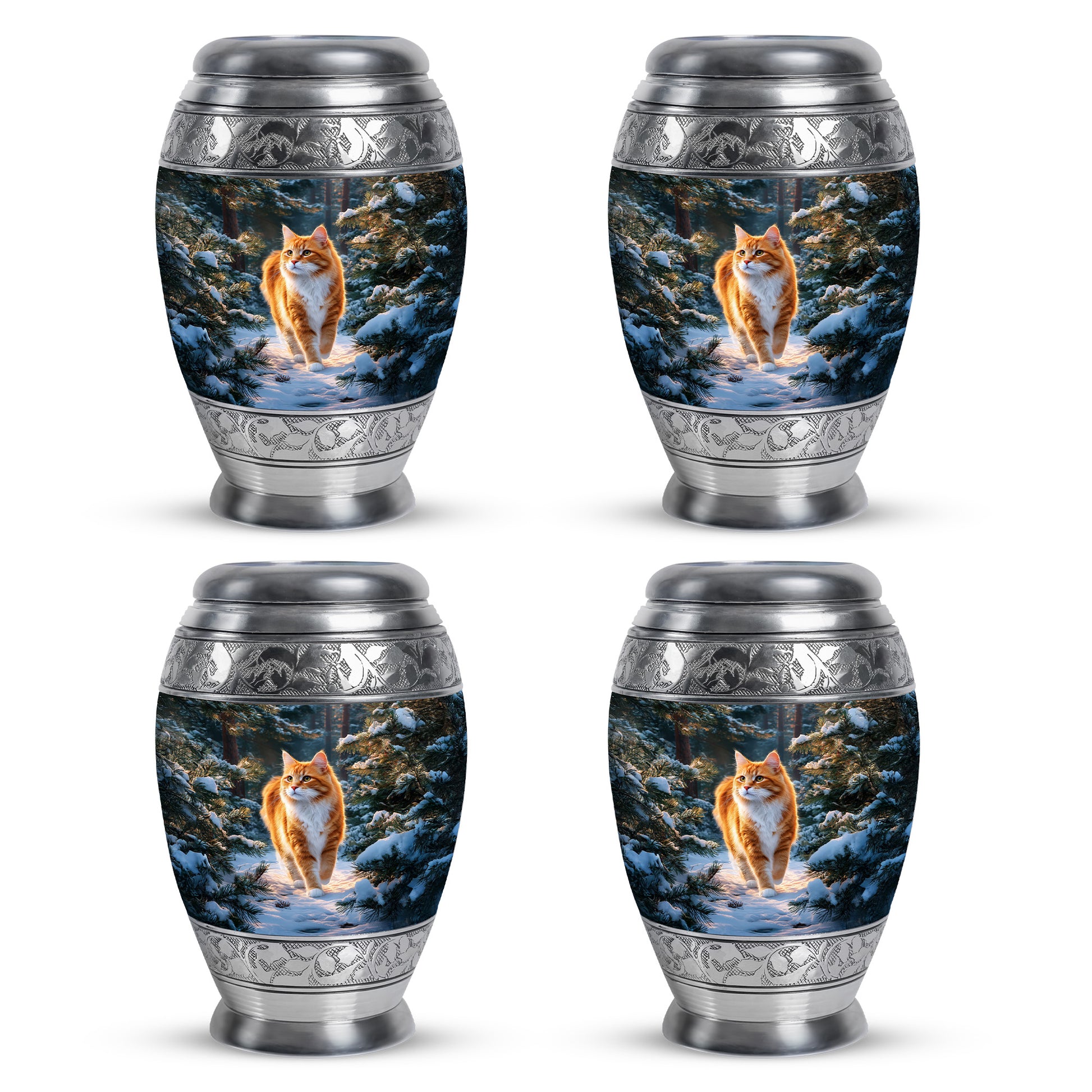 Misty Blue Cat Cremation Urn urn with complimentary velvet bag - ornate monarch-style cat relief on brushed aluminum - 10 inch aluminum urn for cremated remains