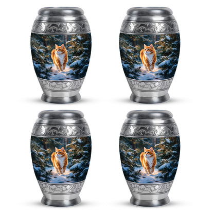 Misty Blue Cat Cremation Urn urn with complimentary velvet bag - ornate monarch-style cat relief on brushed aluminum - 10 inch aluminum urn for cremated remains