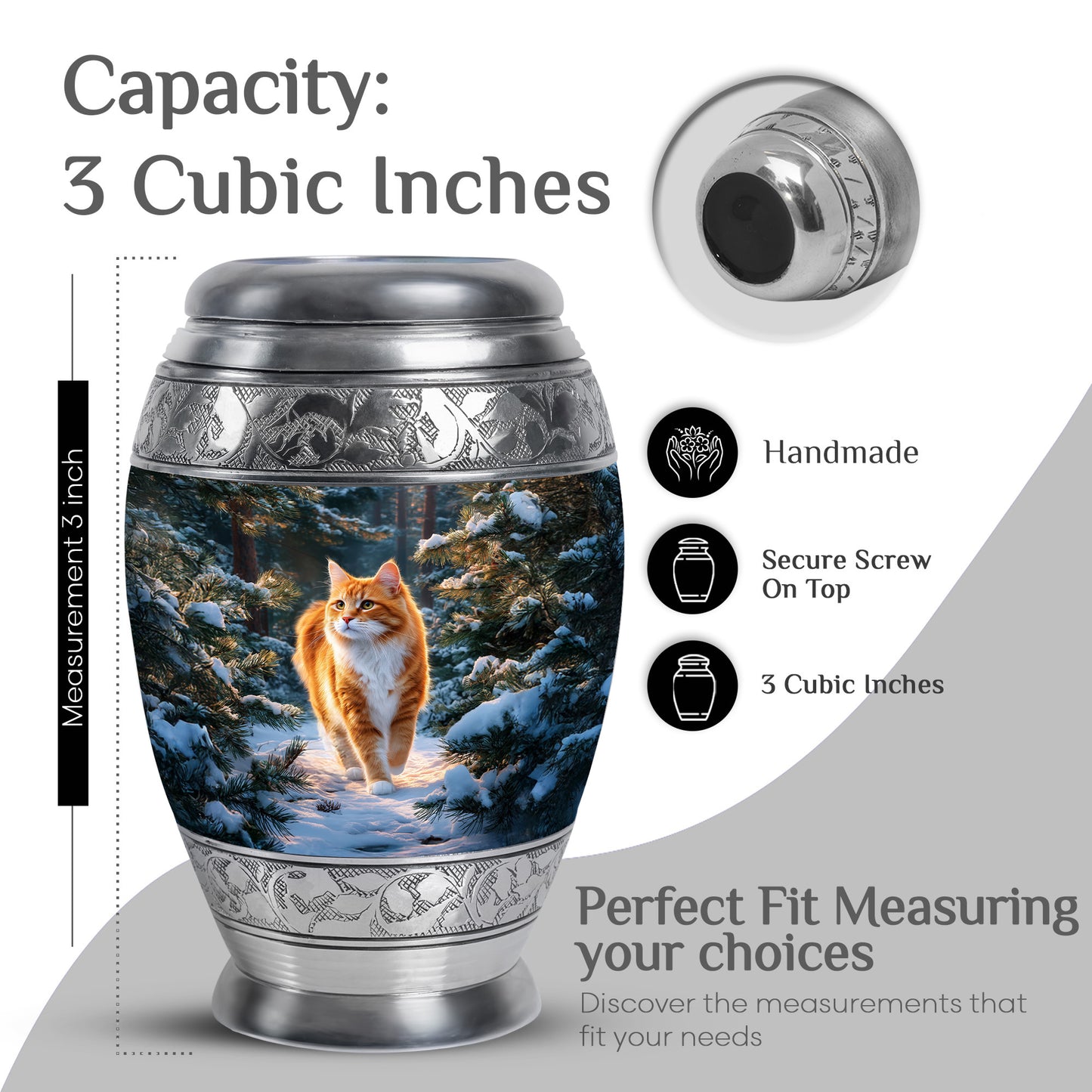Soft Blue Cat Cremation Urn lifestyle display on memorial shelf - majestic cat pattern with filigree border - mini keepsake memorial for portion of cremation ashes
