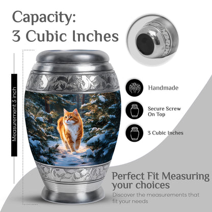 Soft Blue Cat Cremation Urn lifestyle display on memorial shelf - majestic cat pattern with filigree border - mini keepsake memorial for portion of cremation ashes