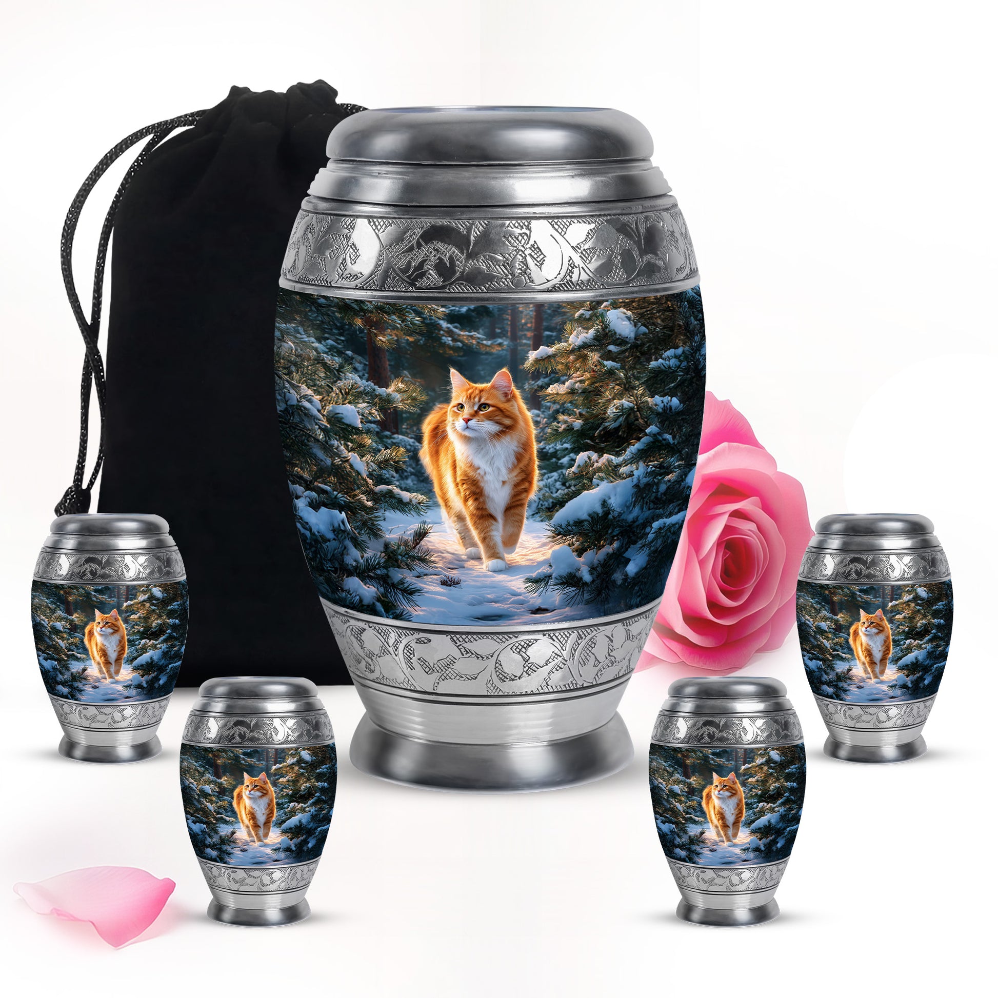 Icy Blue Cat Cremation Urn detail view - ornate monarch-style cat relief on brushed aluminum - memorial set with one large and four small urns