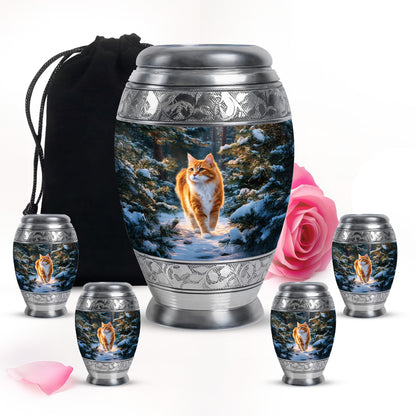 Icy Blue Cat Cremation Urn detail view - ornate monarch-style cat relief on brushed aluminum - memorial set with one large and four small urns