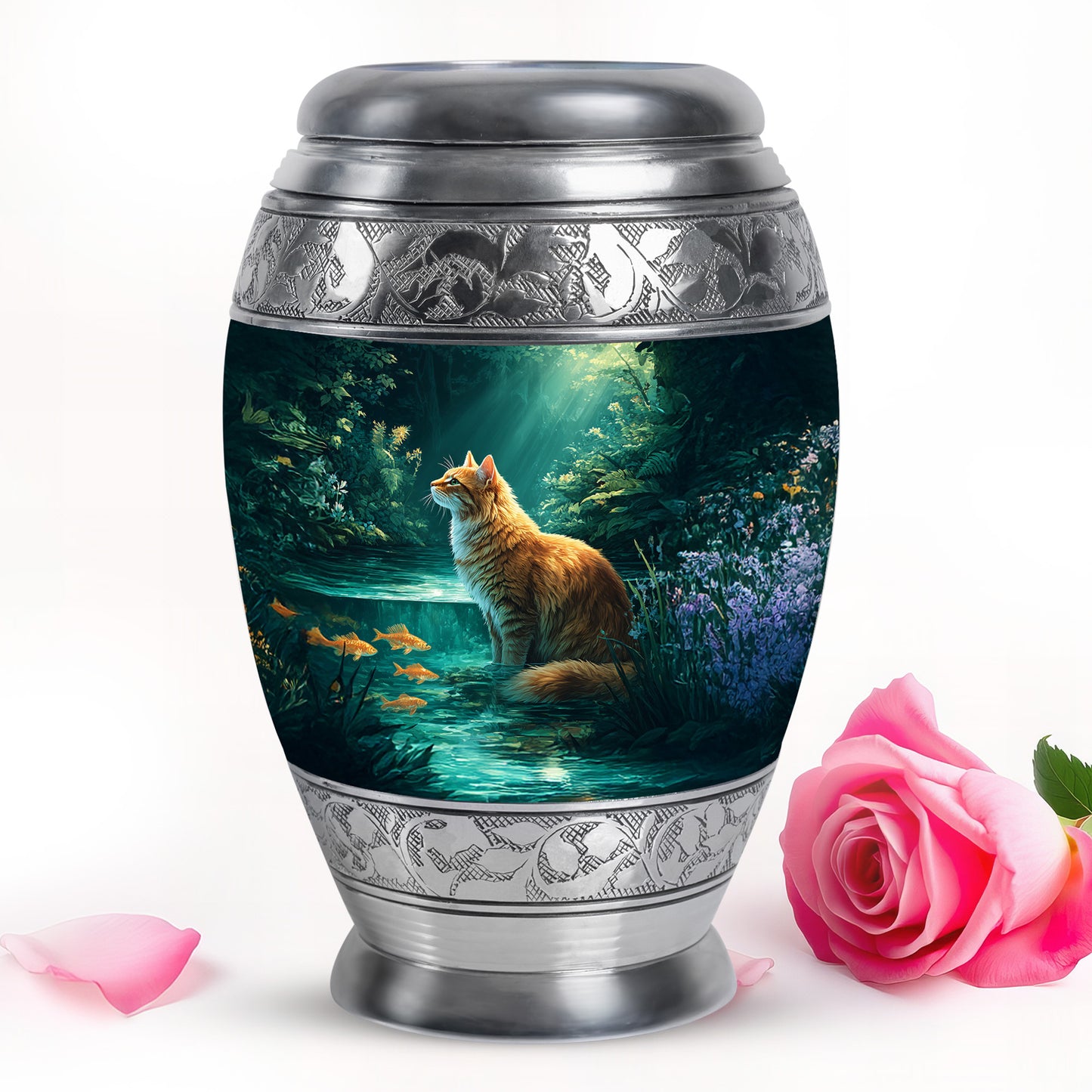 Teal Comforting Cat Memorial Urn for Ashes - 10-inch, 200 cu in - Yatskia