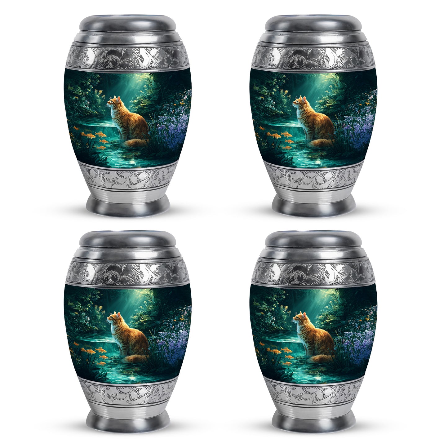 Soft Teal Cat Cremation Urn urn with complimentary velvet bag - ornate monarch-style cat relief on brushed aluminum - 10 inch aluminum urn for cremated remains