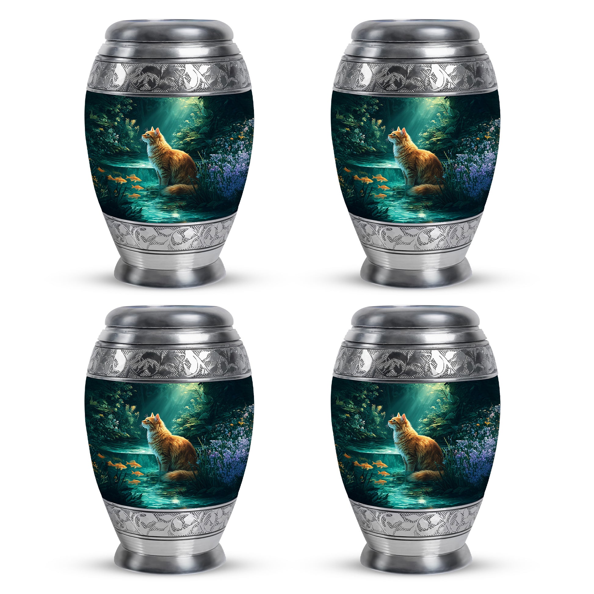 Soft Teal Cat Cremation Urn urn with complimentary velvet bag - ornate monarch-style cat relief on brushed aluminum - 10 inch aluminum urn for cremated remains