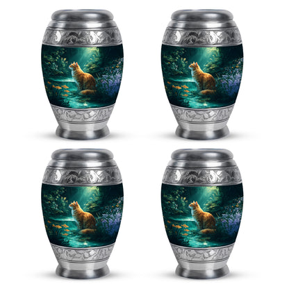Soft Teal Cat Cremation Urn urn with complimentary velvet bag - ornate monarch-style cat relief on brushed aluminum - 10 inch aluminum urn for cremated remains