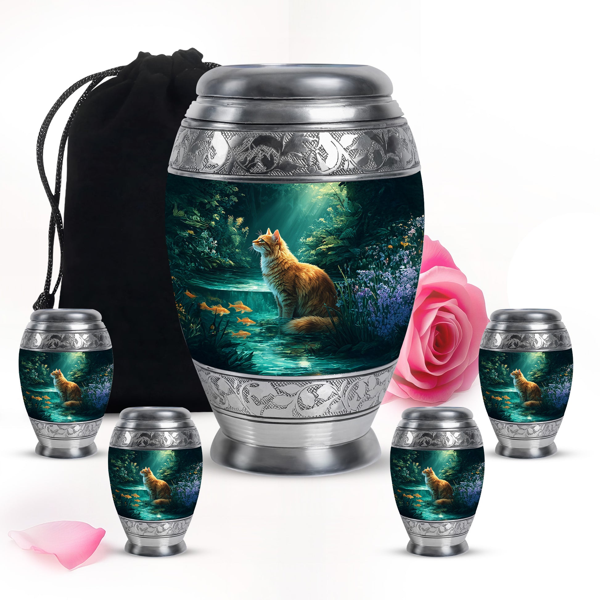 Sea Green Teal Cat Cremation Urn detail view - ornate monarch-style cat relief on brushed aluminum - memorial set with one large and four small urns