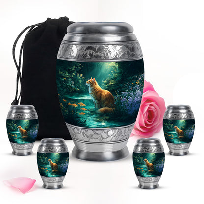 Sea Green Teal Cat Cremation Urn detail view - ornate monarch-style cat relief on brushed aluminum - memorial set with one large and four small urns