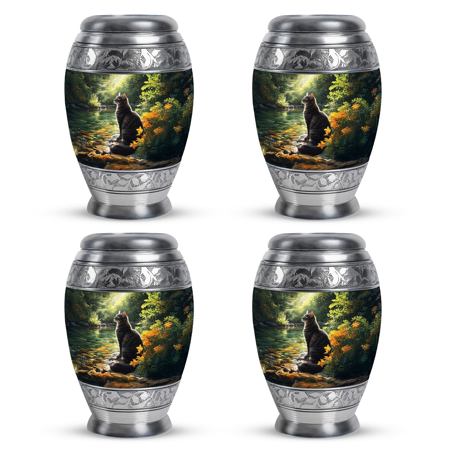 Glossy Black Cat Cremation Urn urn with complimentary velvet bag - regal cat design with crown-inspired accents - 10 inch aluminum urn for cremated remains
