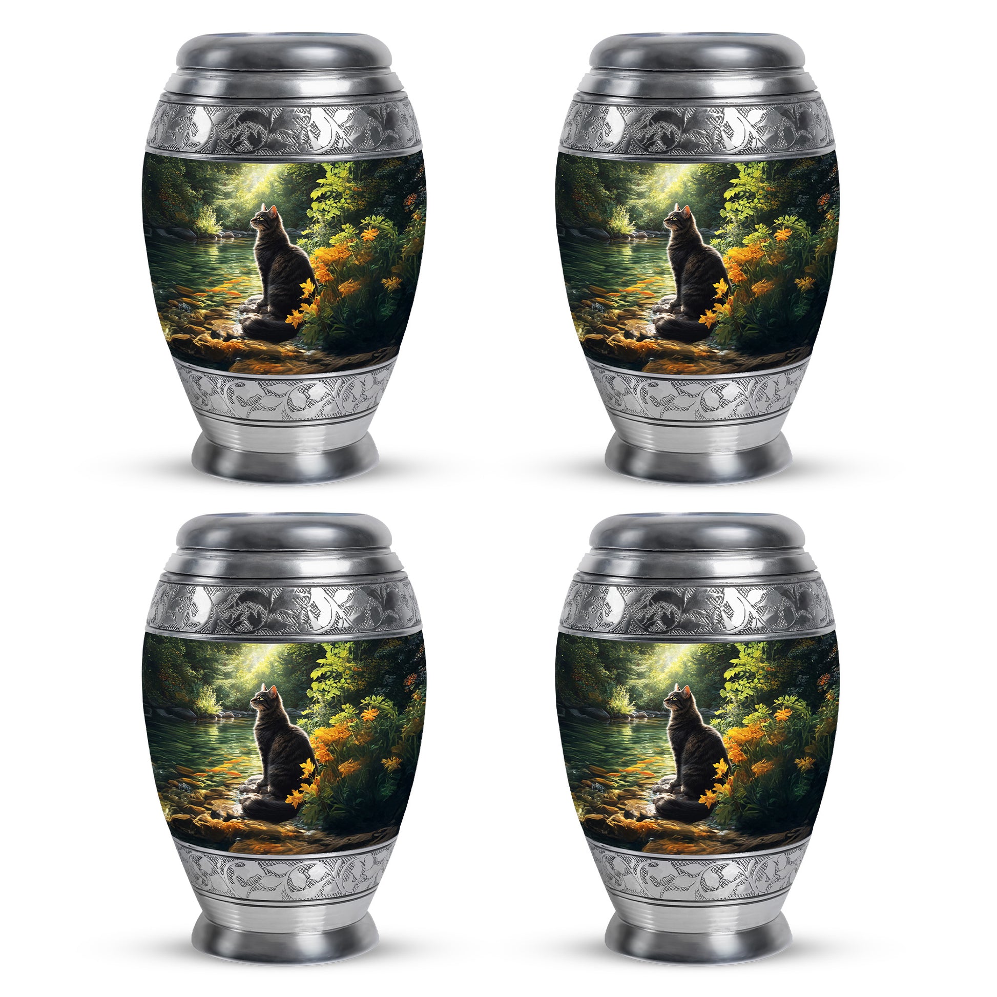 Glossy Black Cat Cremation Urn urn with complimentary velvet bag - regal cat design with crown-inspired accents - 10 inch aluminum urn for cremated remains