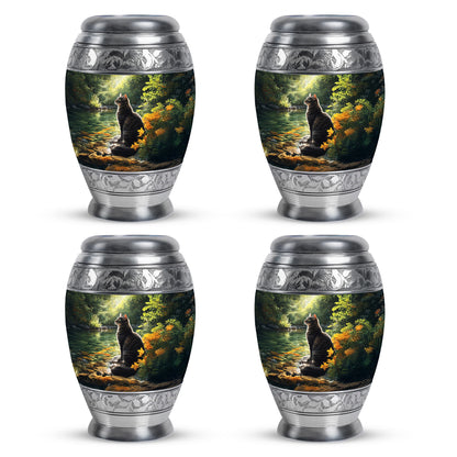 Glossy Black Cat Cremation Urn urn with complimentary velvet bag - regal cat design with crown-inspired accents - 10 inch aluminum urn for cremated remains