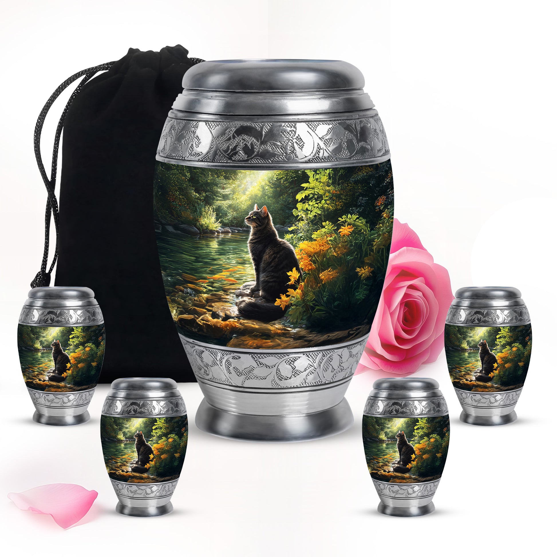 Midnight Black Cat Cremation Urn detail view - majestic cat pattern with filigree border - memorial set with one large and four small urns