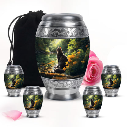 Midnight Black Cat Cremation Urn detail view - majestic cat pattern with filigree border - memorial set with one large and four small urns