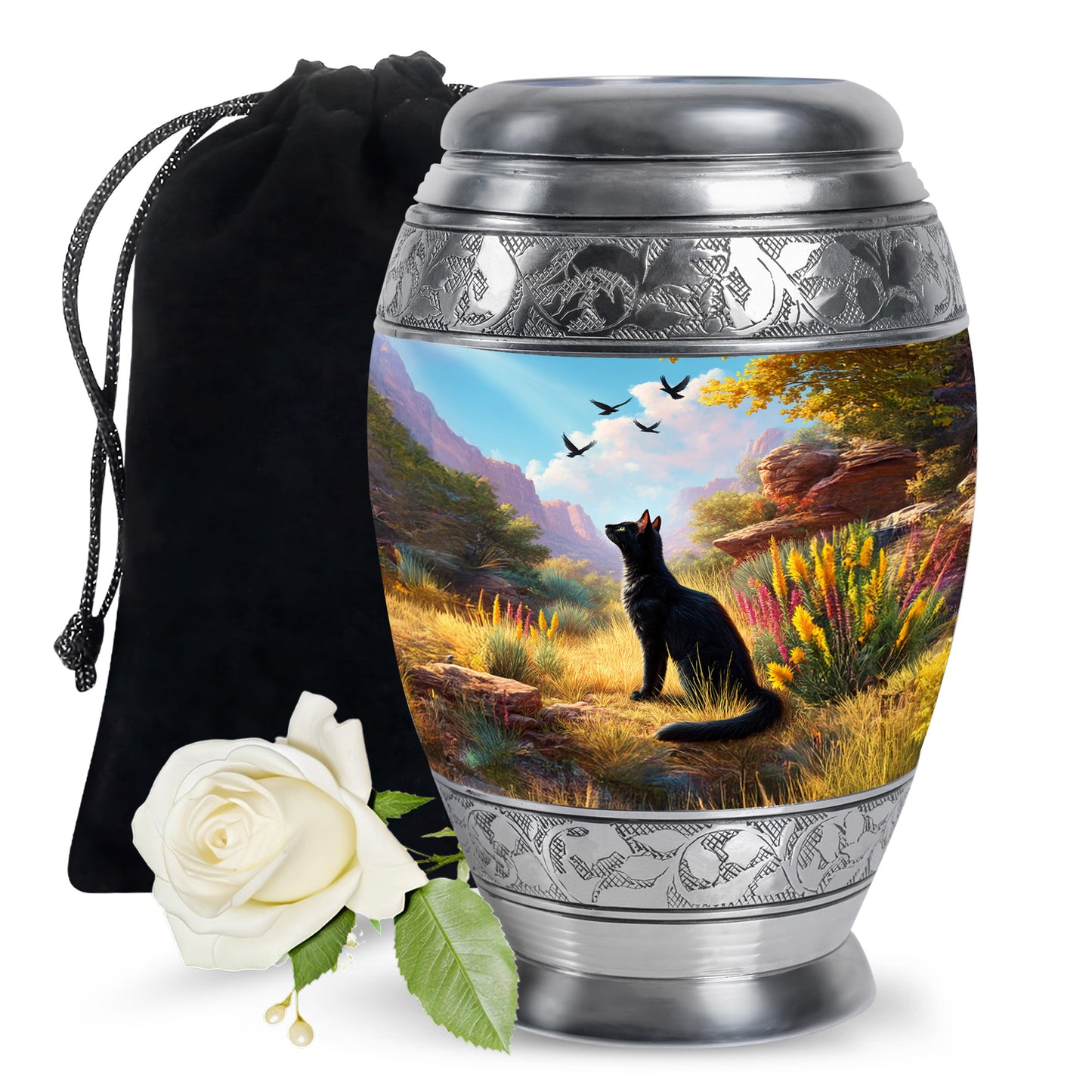 Vivid Blue Cat Cremation Urn back view with polished surface - royal cat engraving with decorative scrollwork - full-size 10 inch 200 cubic inch adult cremation urn