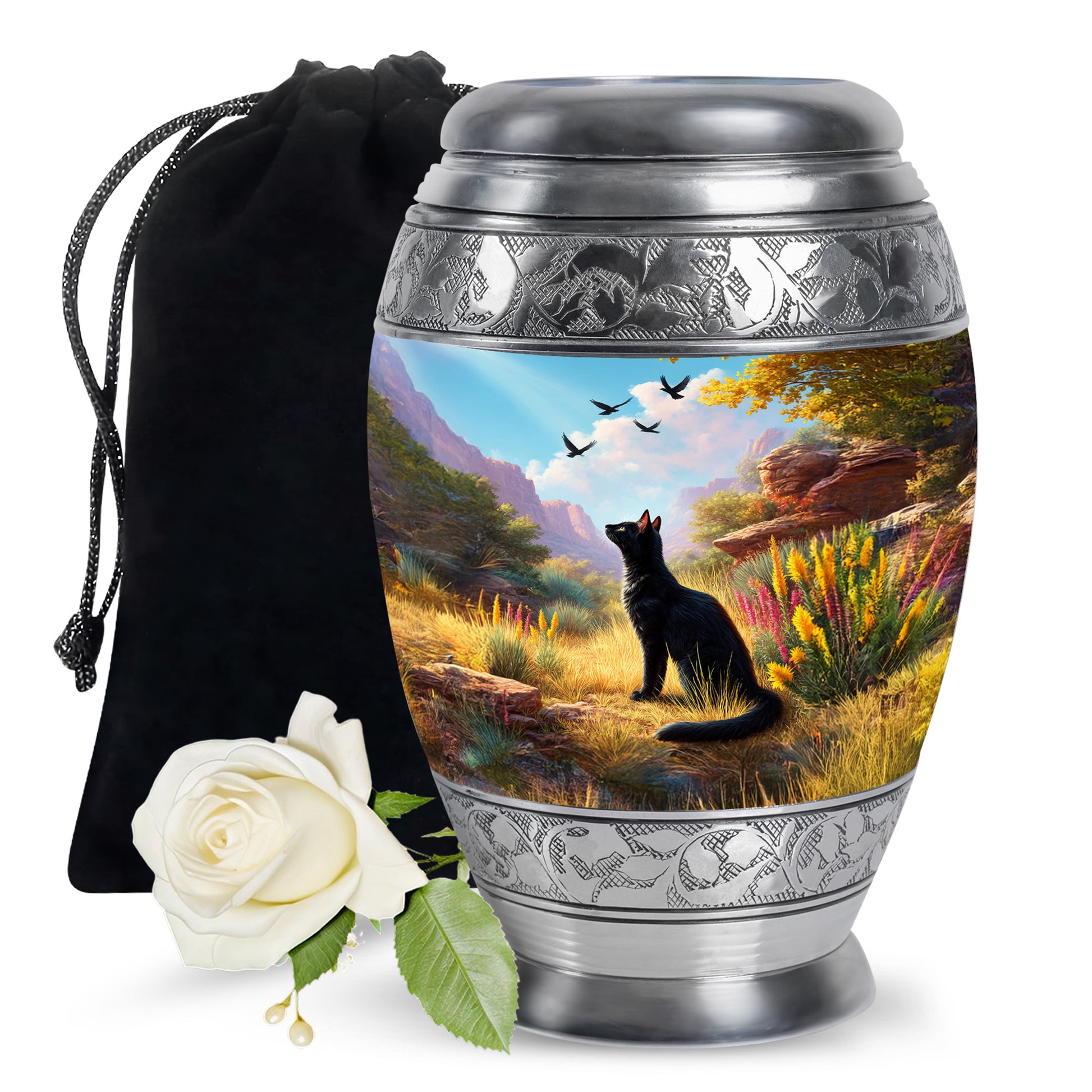 Vivid Blue Cat Cremation Urn back view with polished surface - royal cat engraving with decorative scrollwork - full-size 10 inch 200 cubic inch adult cremation urn