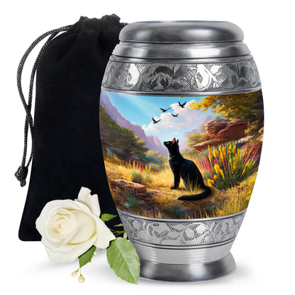 Vivid Blue Cat Cremation Urn back view with polished surface - royal cat engraving with decorative scrollwork - full-size 10 inch 200 cubic inch adult cremation urn