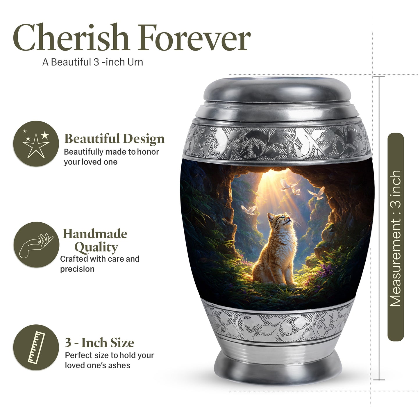 Fiery Red Cat Cremation Urn lifestyle display on memorial shelf - majestic cat pattern with filigree border - mini keepsake memorial for portion of cremation ashes