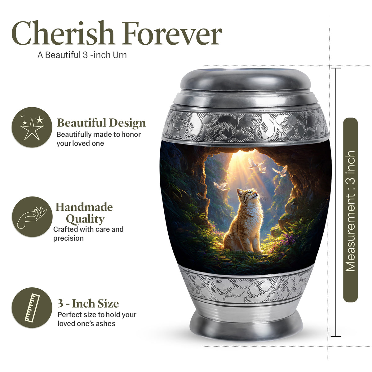 Fiery Red Cat Cremation Urn lifestyle display on memorial shelf - majestic cat pattern with filigree border - mini keepsake memorial for portion of cremation ashes