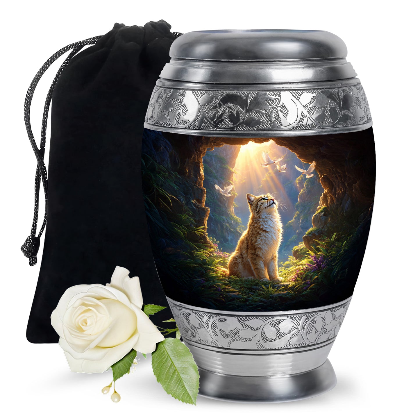 Deep Red Cat Cremation Urn back view with polished surface - ornate monarch-style cat relief on brushed aluminum - full-size 10 inch 200 cubic inch adult cremation urn