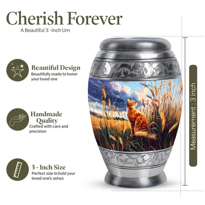 Steel Blue Cat Cremation Urn lifestyle display on memorial shelf - royal cat engraving with decorative scrollwork - mini keepsake memorial for portion of cremation ashes