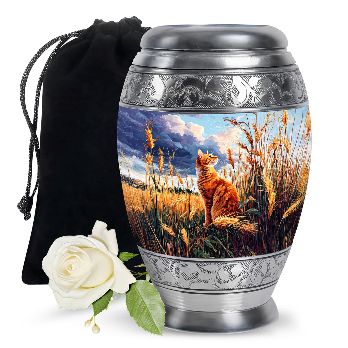 Icy Blue Cat Cremation Urn back view with polished surface - ornate monarch-style cat relief on brushed aluminum - full-size 10 inch 200 cubic inch adult cremation urn