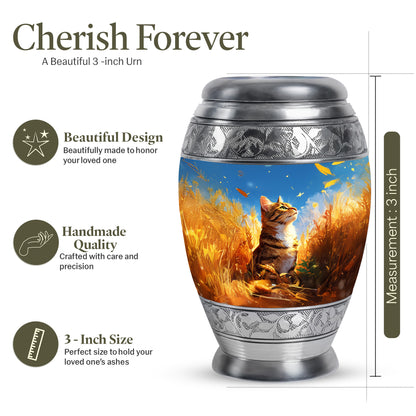 Sky Blue Cat Cremation Urn lifestyle display on memorial shelf - ornate monarch-style cat relief on brushed aluminum - mini keepsake memorial for portion of cremation ashes