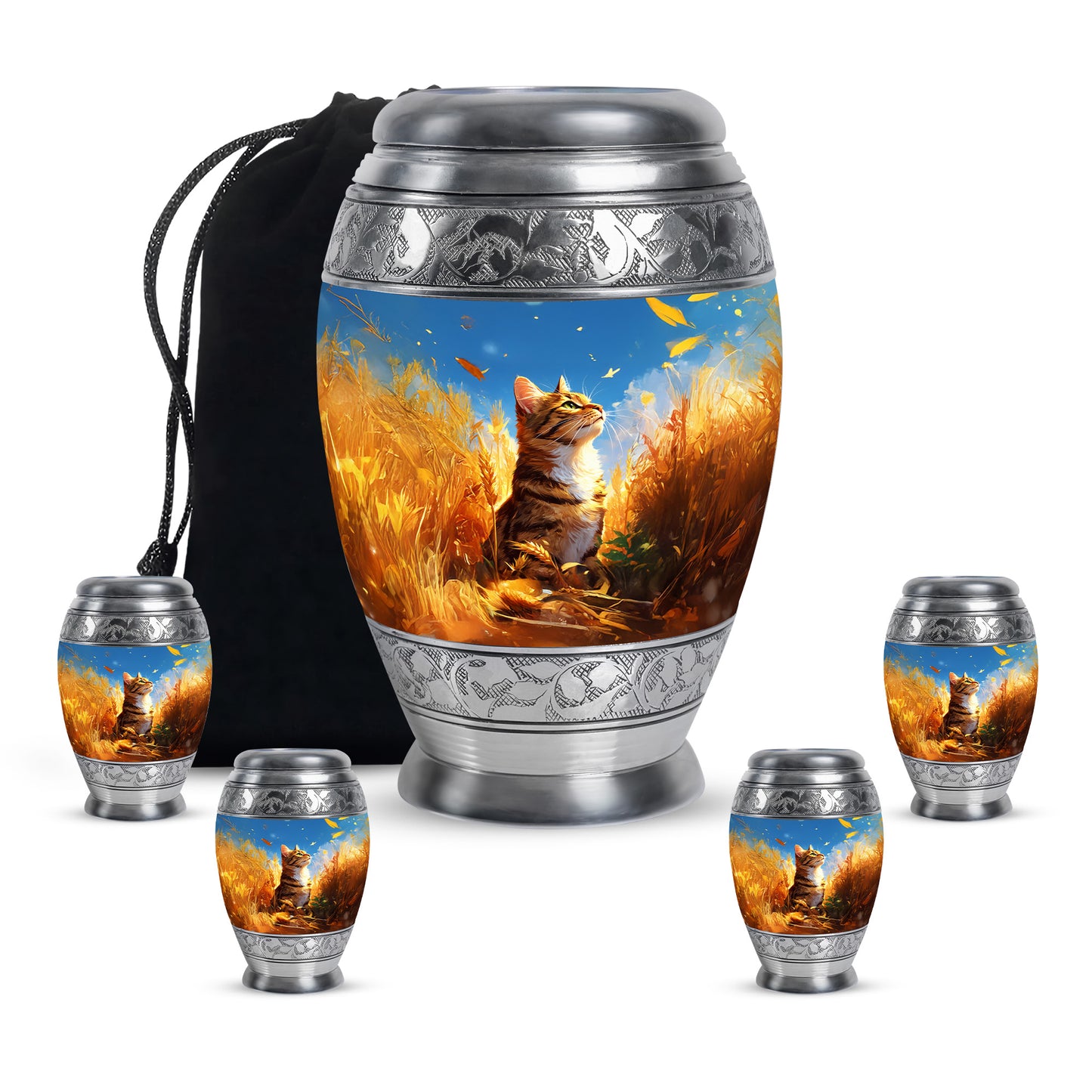 Cobalt Blue Cat Cremation Urn detail view - majestic cat pattern with filigree border - memorial set with one large and four small urns