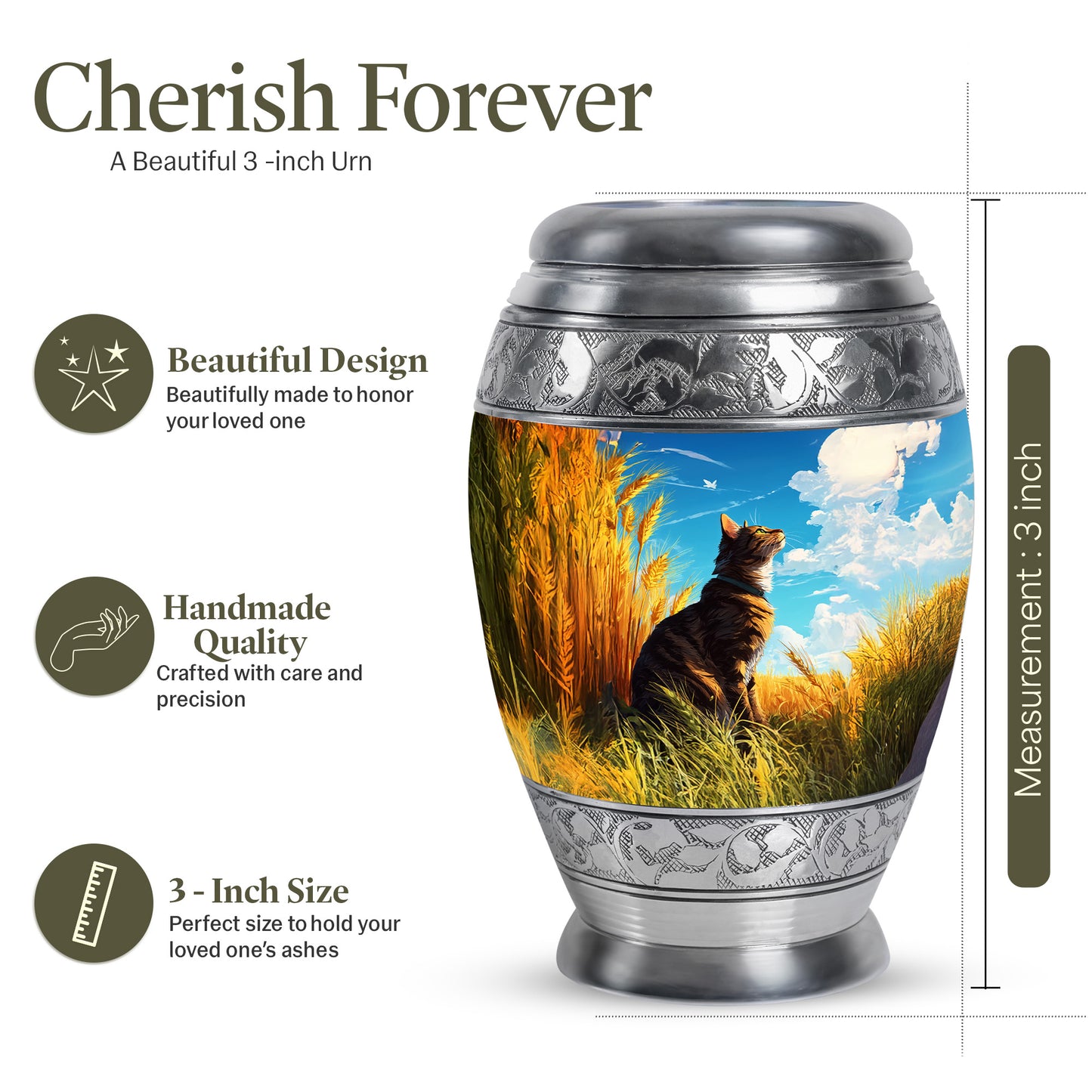 Indigo Cat Cremation Urn lifestyle display on memorial shelf - ornate monarch-style cat relief on brushed aluminum - mini keepsake memorial for portion of cremation ashes
