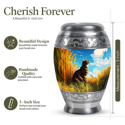 Indigo Cat Cremation Urn lifestyle display on memorial shelf - ornate monarch-style cat relief on brushed aluminum - mini keepsake memorial for portion of cremation ashes
