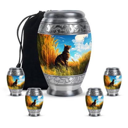 Steel Blue Cat Cremation Urn detail view - royal cat engraving with decorative scrollwork - memorial set with one large and four small urns